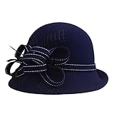 Youllyuu Breite Krempe Wolle Fedora Hüte Frauen Glocke Kirche Hüte Blume Feder Fedoras Bowler Caps Dunkelblau M