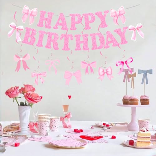 Image of Pink Bow Birthday Banner, Bow Birthday Party Decorations Happy Birthday Banner Pink Party Hanging Swirls Set for Women Birthday Party Decoration Supplies