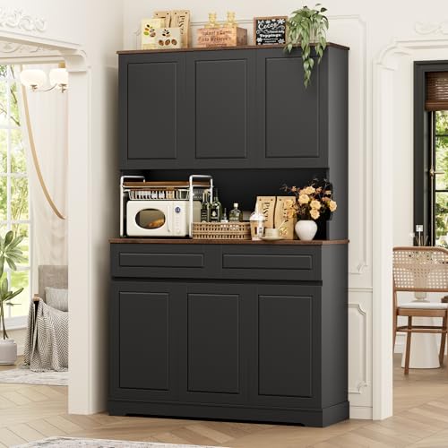 Image of FACBOTALL 74 inch Pantry Cabinet, Tall Kitchen Pantry Cabinet with 6 Doors and 2 Drawers, Kitchen Hutch with Wide Countertop, Modern Kitchens Cupboard with Adjustable Shelves and Charge Holes, Black