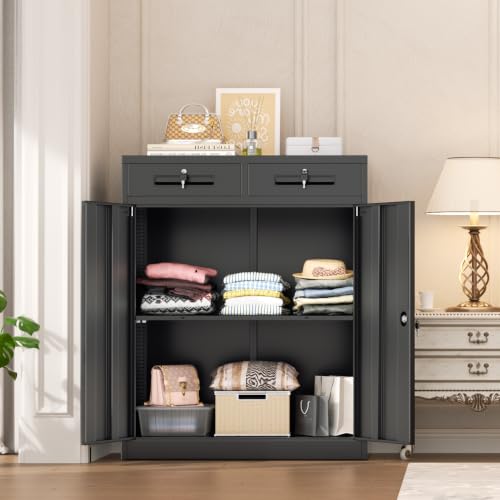 Image of INTERGREAT Metal Garage Storage Cabinets with Lock,Steel Storage Cabinet with Drawer and 2 Adjustable Shelves, Small Lockable Office Steel Cabinet for Home, Warehouse, School, Black