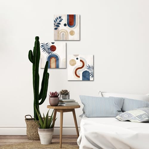 WELMECO Boho Wall Art Decor Minimalist Wall Art Pictures Canvas Prints Mid Century Modern Home Decor, Framed Ready to Hang, Set of 3 Piece 12inx12in (Blue) by WELMECO - Used condition - Image 3