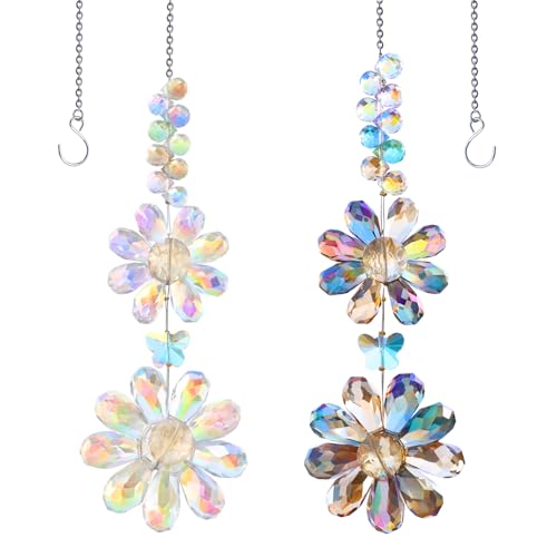 2 PCS Crystal Flower Sun Catcher Prisms Colorful Suncatcher Hanging Ornament Crystals Sunflower Rainbow Maker Suncatchers for Windows Hanging Indoor Outdoor Balcony Aesthetic Home Patio Garden Decor