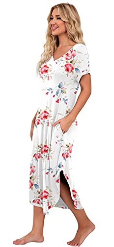 Prinstory Womens Long Nightgowns V Neck Loungewear Short Sleeve Sleepwear Casual Nightdress Fp White-X-Large #TOP3
