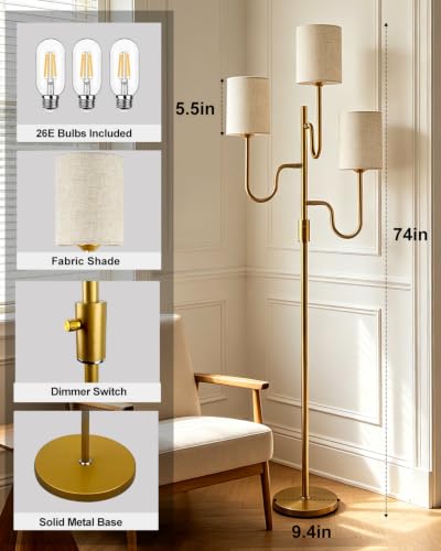 Image of Lightdot 63IN Gold Floor Lamp Dimmable 3-Lights LED Floor Lamps with Cylinder Fabric Shade& Warm White Bulb for Wedding /Party 3-Arm Standing Tall Lamp for Living Room /Bedroom /Sofa Beside /Corner Decor