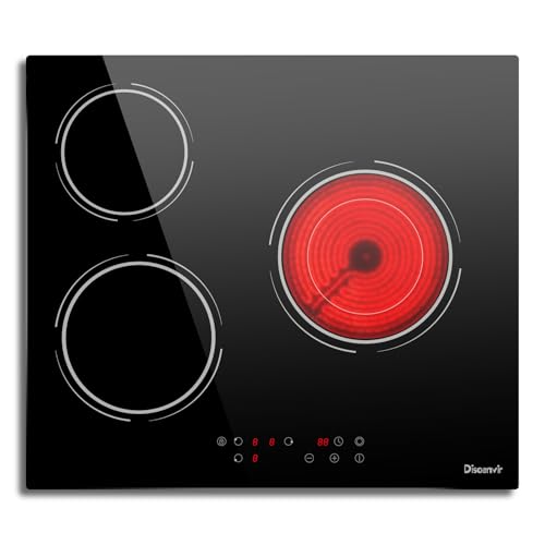 Disaenvir Placa Vitrocerámica 3 Fuegos de 5200W, Doble Anillo Calefactor, Control de Temperatura Flexible, Placa De Cocción Eléctrica Diseño de Seguridad con Bloqueo Para Niños, con Temporizador