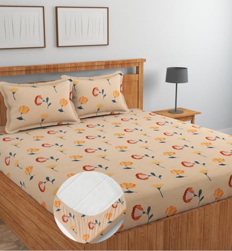 Image of NEW LEAF Glace Cotton Fitted King Size Double Bedsheets with 2 Pillow Covers | Elastic Fitted | Wrinklefree | Ultrasoft |Winter Bedsheet 220 tc tc Floral | 78 x 72+10 Inches, Almond Green