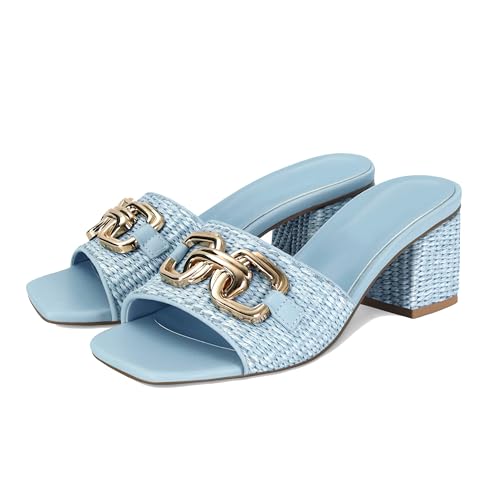 Image of SOVANYOU Women's Raffia Sandals Square Toe Slip on Mules Comfortable Dressy Sandals Chunky Block Heels for Beach Party Vacation Shoes