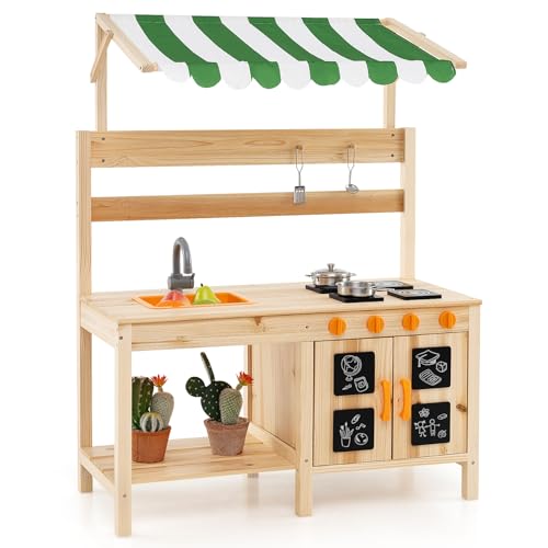 COSTWAY Cuisine Extérieure Enfant avec Tableau Noir & Auvent, Jeu en Bois de Sapin avec 4 Accessoires & 4 Cuisinières, Boutons Rotatifs & Étagère de Boue pour Enfant de 3 Ans+