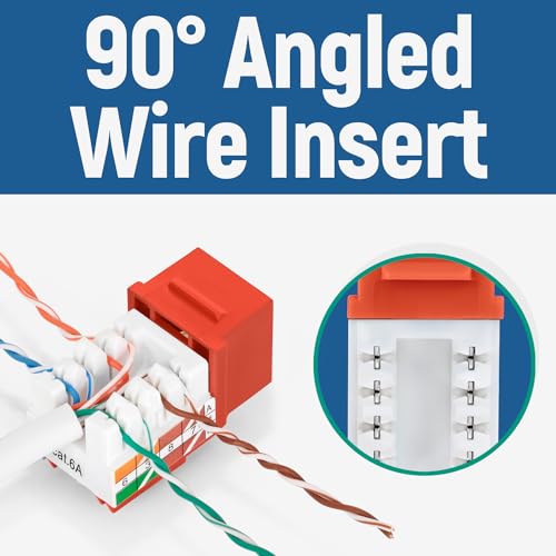 Image of Everest 90 Degree RJ45 Cat6A Keystone Jacks Slim Profile 20-Pack Orange | Compatible with 90 Angled Speed Termination Tool - easyJACK (B094WB91H3)