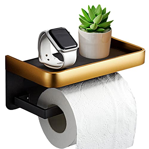Porte Papier Toilette, Derouleur Papier Toilette Adhesif avec Tablette, 2 Méthodes de Montage (Autocollant ou Perçage), Support Papier Toilette Mural pour Salle de Bain et Cuisine