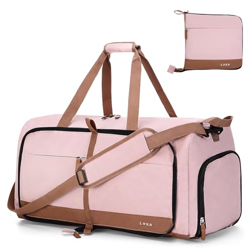Image of Lekesky Foldable Travel Duffel Bag for Women, 80L Large Duffle Bag with Separate Shoes Compartments & Straps, Carry On Weekend Bag for Women, Hospital, Overnight(Pink)