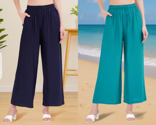 Image of Buy That Trendz Palazzo Pants for Women Cotton Rayon Elasticated Regular Fit Flared Wide Leg M to 6XL Pack of 2