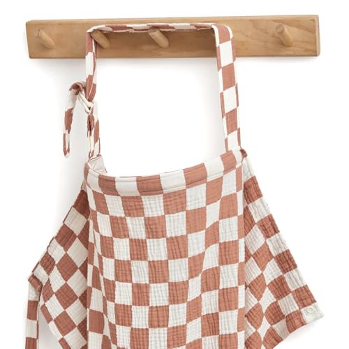 Image of Blissful Diary Muslin Nursing Cover for Breastfeeding, Breathable Breastfeeding Cover up with Arch Neckline for Women, Nursing Apron (Brown Checkboard)