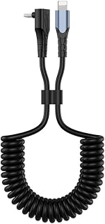 Adhiper Lightning Coiled Cable 90 Degree for Carplay 5ft,27W Retractable Right Angle USB C to Lightning PD Fast Charging Cord for Tesla Model 3/Y/S/X, iPhone 14 13 12 11 Xs 8 7,iPad, iPod, AirPods