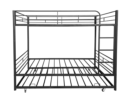 Twin Over Twin Bunk Bed with Trundle,Metal Bed Frame with Full-Length Guardrails & Ladder,Easy to Assemble,Space Saving, Black