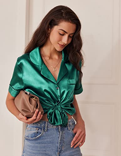 Ekouaer Women Satin Pajamas Set Notch Collar Silk Sleepwear Pjs Set Short Sleeve Button Down Nightwear(Green,X-Large) #TOP2