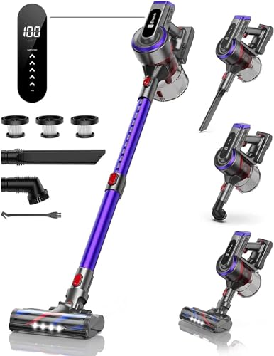 Aspirateur Balai sans Fil 450W 38Kpa, 55Mins Batterie Amovible, 1,5L Capacité, Écran Intelligent, Lumière LED, Aspirateur sans Fil pour Tapis, Cuisine, Poils d'animaux/Peli Animali