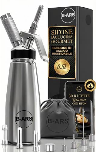 B-ARS-Sifone Cucina Professionale Acciaio Inox 500ML Con Accessori Completi Per Panna Montata Spume Salse Include Bocchette Spazzola Ebook Facile Da Pulire Per Uso Domestico