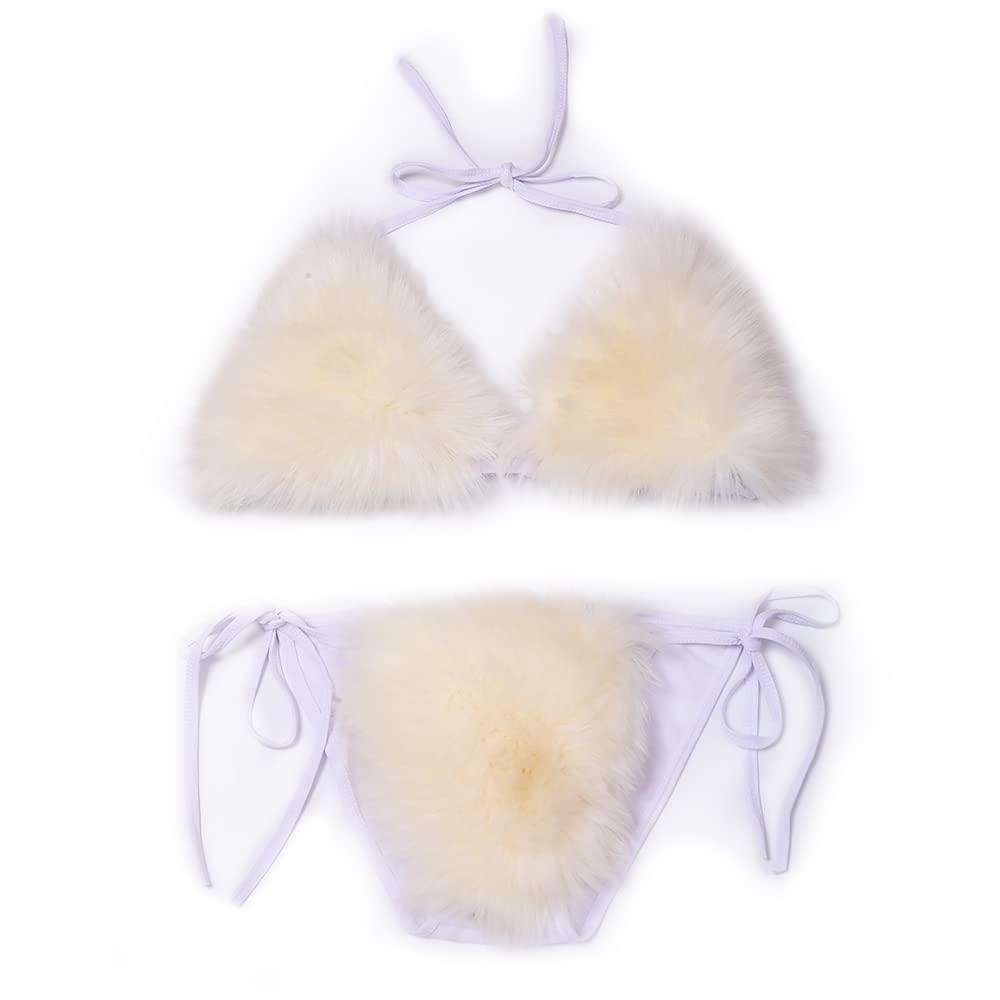 Zoscgjmy Women's Beige Faux Fur Halter String Triangle Bikini Sets Two Piece Swimsuits (Beige)