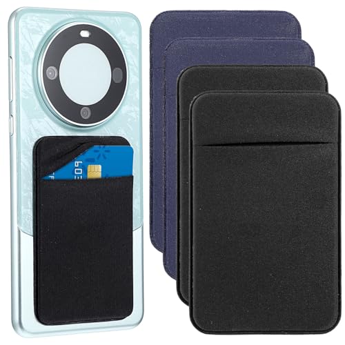 Wanmu 4 Pcs Adhesive Cell Phone Card Holder Pocket, Phone Stick On ID Card Wallet Credit Cards Holder, Self Adhesive Sticker Case for Back of Android and All Smartphones (2 Black & 2 Blue)