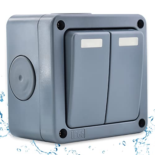 Cruxer Interrupteur étanche IP66, double interrupteur lumineux en saillie, 230 V/10 A, unipolaire, double lancer, interrupteur universel Homematic pour...