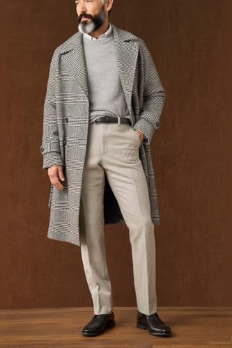 VENNYNG Men's Plaid Suit Jackets Long Double Breasted Checked Overcoat with Belt Trench Coat Long3