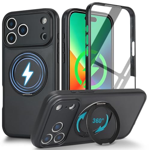 Image of for iPhone 17 Pro Max Case Compatible with MagSafe Full-Body Magnetic Phone Case with Built-in Tempered Glass Screen Protector& Stand for iPhone17 Pro Max Cover, Black