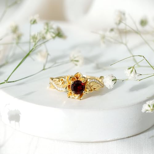 Real Garnet Art Deco Engagement Ring in Yellow Gold Plated Silver, AAA Quality, Certified Garnet Flower Ring - Ready To Gift4