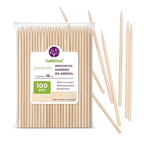 100 Pinchos de Madera de Abedul 10 cm x 2,5 mm | Palillos Extra Resistentes para Brochetas, Barbacoa, Carne y Frutas | Palos Ecológicos Multiusos para Manualidades