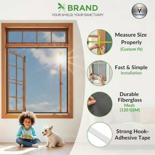 Image of Yuvraj Window Mosquito Net for Home | Fiberglass Insect Mesh with Self Adhesive Tape | Easy Install Fly & Bug Protection Net for Windows (Black, 2 * 3 ft)