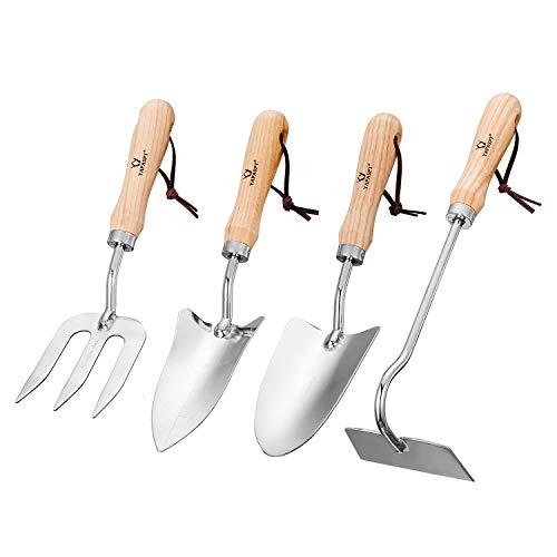 Gardening Tool Sets – Garden Hand Tools Kits with Wood Handle and Stainless Steel Head,Trowel, Hoe, Shear