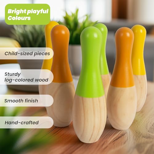 WOODENFUN Kinder Bowling Spiel Set aus Holz mit 6 Kegel und 2 Bälle Indoor und Outdoor Kinderspiele Kegelspiel 3-Jahre alt Holz Spielzeug
