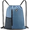BeeGreen Blue Drawstrings Backpack Gym Sack For Men With Water Bottle Pocket &Front Zippered Pocket Large Sting Bags For WomenTraveling Yoga Beach Outdoor Gym