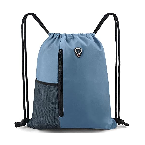 BeeGreen Blue Drawstrings Backpack Gym Sack For Men With Water Bottle Pocket &Front Zippered Pocket Large Sting Bags For WomenTraveling Yoga Beach Outdoor Gym