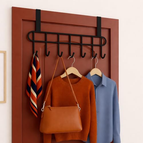 Image of Kundi Multi-Functional Over-the-Door Hook Hanger Rack - Heavy-Duty Steel Wall Hook Organizer with 7 Hooks for Clothes, Towels, Kitchen & Bathroom (Black)