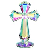 Crystal Glass Standing Cross Decor, Easter Christmas Decoration for Pary dad man，Religious Gifts for Women Men Father Mother, Handmade Glass Holy Collectible Figurines (Multicolor Crystal Cross)