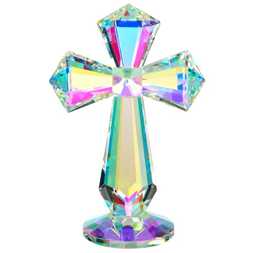 Crystal Glass Standing Cross Decor Easter Christmas Decoration for Party Dad Man Religious Gifts for Women Men Father Mother Handmade Glass Holy Collectible Figurines
