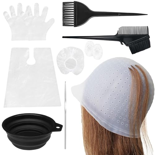 7 Piezas Gorro de Mechas de Silicona,Reutilizable Kit para Teñir el Cabello con Gancho para el Pelo,Cepillo,Guantes,Cuenco Plegable,Gorro de Tinte Highlight para Teñir el Pelo