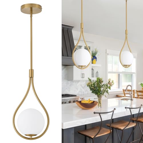 puncoll Gold Pendant Lights, 1-Light Pendant Lights Kitchen Island in Brushed Gold Finish with Milky White Globe Glass, Mid Century Pendant Light Fixtures