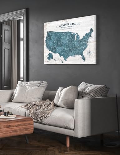 Image of IPIC - Vintage Teal USA Map Wall Art, Push Pin USA Map to Track Your Travels, Farmhouse Style Canvas Wall Decor for Home, Office, Living Room or RV, Ready to Hang, Made in USA