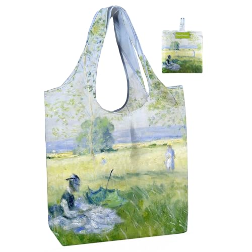 BeeGreen Oil Painting Monet Tote Bag - Large Reusable Grocery Bag, Polyester Grocery Bags Gifts for Women,Foldable, Washable, Packable with Handles & Pouch for Shopping, Beach, Work, Summer