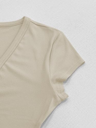 Image of Albe Rita Women Short Sleeve T-Shirt Cap V Neck Shirts for Women Ribbed Casual Top Knit Slim Fit for Summer