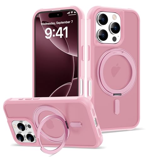 Image of Compatible with iPhone 16 Pro Case with Stand 6.3 inch,Pink | Matte Translucent Phone Case for iPhone 16 Pro,360 Magnetic Ring Stand,Compatible Mag-Safe,Military Grade Protection