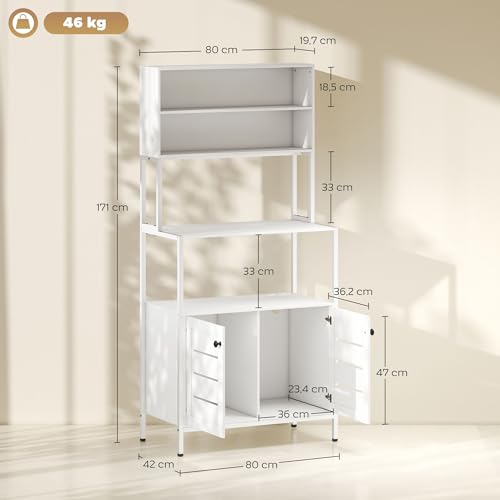 HOMCOM Estantería de Cocina con Toma de Corriente Soporte para Microondas Estante de Cocina con 2 Puertas con Lamas 2 Puertos USB Marco de Acero y Compartimentos para Comedor Salón Blanco - imagen 3