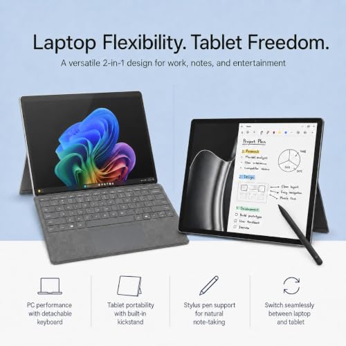 Image of Microsoft Surface Pro 2026, 13 inch 2-in-1 Laptop Tablet (12th Gen), 3K 120Hz Touchscreen, Snapdragon X2 Plus AI Copilot+ PC, Wi-Fi 7, USB4, 16GB RAM, 512GB SSD, KB, Pen, MS365, Windows 11, Platinum