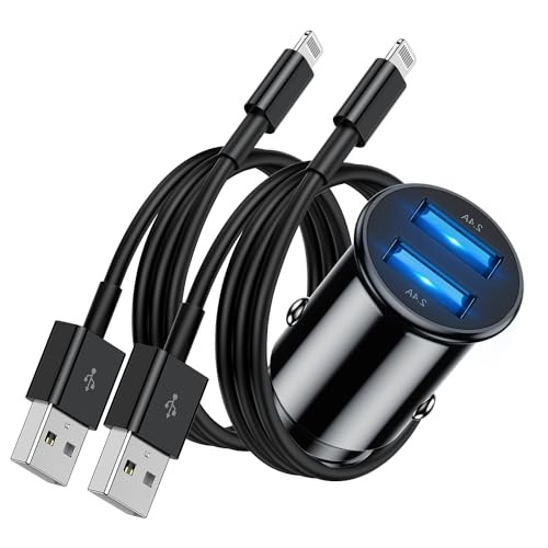 Jeenek Car Charger Apple Certified, Fast Charging for iPhone 13/12/11 Pro/XS/X/8 Plus/7/6/SE/iPad, Dual Port Fast USB Adapter Cigarette Lighter with 2Pack Cable Cord