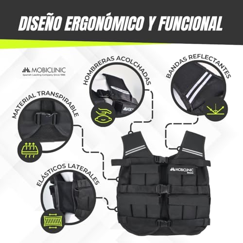 Mobiclinic®, Chaleco lastrado, 10kg, De peso, Ajustable, Resistente, Tela oxford 600d, Incluido, Bandas reflectantes, Transpirable, Con pesas para entrenamiento fitness, Iron10 - imagen 5