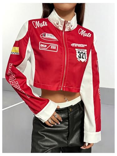 SHENHE Women's Y2k Cropped Moto Biker Jacket Zip Up Color Block Vintage Racing Bomber Jacket3