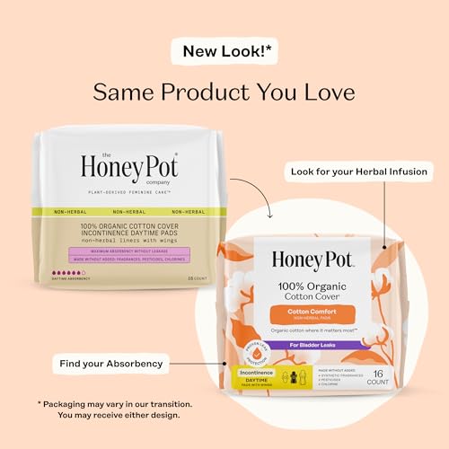 Image of The Honey Pot Company - Cotton Comfort - Daytime Incontinence Pads w /Wings | Organic Cotton Cover - Bladder Leak Control - No Fragrance, Ultra-Absorbent Pulp Core - Feminine Care - 64ct