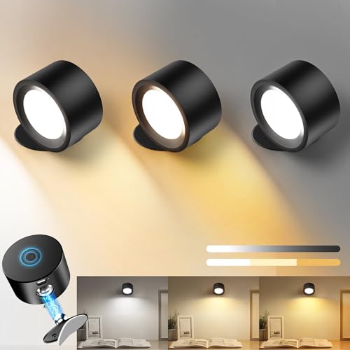 Image of AUDERWIN LED Wall Sconces Battery Operated 360 Rotation Decor Wall Mounted Cordless Lights, 3 Color Temperatures & Dimmable, Wireless Magnetic Picture Lights Bedside Wall Lamps Bedroom, Livingroom